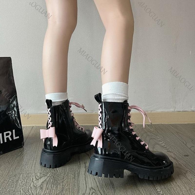 Fashion Punk Chunky Platform Motorcycle Boots Women Fashion Bowknot Lace-up Thick Bottom Ankle Boots Woman Autumn Winter Gothic Shoes