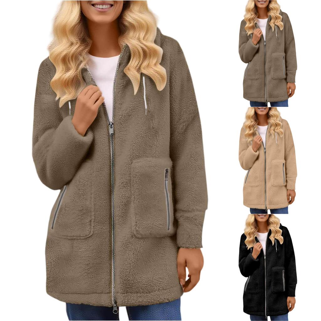 Women's Solid Color Fashionable And Winter Zipper Pocket Lamb Wool Jacket