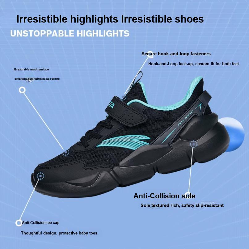 Anta Comfortable Non-Slip Shock Absorbing Wear-Resistant Breathable Lightweight Low-Top Running Shoes Kids sneaker Black Green A312225567H-3
