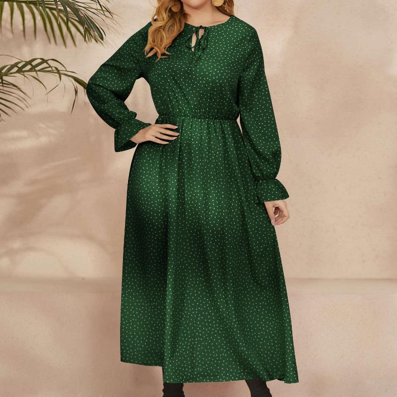 Jarné a jesenné dámske šaty nadmerných veľkostí s bodkovaným vzorom, voľné šaty s dlhým rukávom