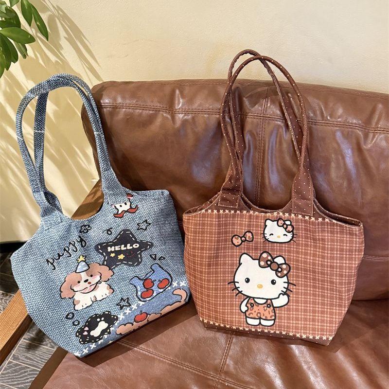 New Plaid Cartoon Cat Canvas Bag Large Capacity Versatile Commuting Shoulder Bag Kawaii Tote Bags Anime Cat Shoulder Handbags