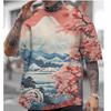 Herren-T-Shirt im japanischen Stil mit Fujiyama-Kirschblüten-Aufdruck, lässiges, lockeres, kurzärmeliges T-Shirt, übergroßes Herren-Bekleidungsoberteil