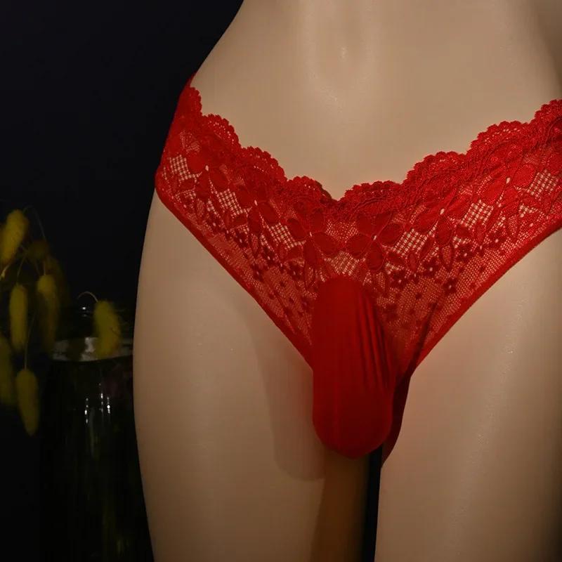 Herren Sexuelle Unterwäsche Sissy Beutel Spitze Höschen Blumen String Niedrige Taille Durchsichtige Slips Durchsichtige Lingerie Schwule Unterhosen