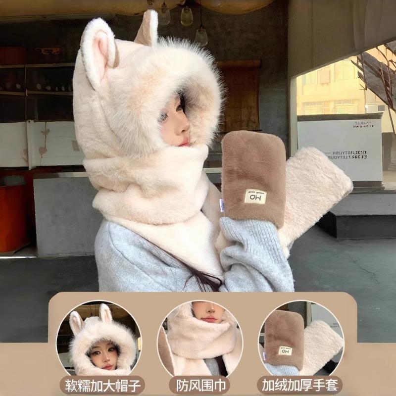 Cute Firefox Hairy Hat Scarf Gloves Integrated Women's Winter Warm Cold Ear Protection Riding