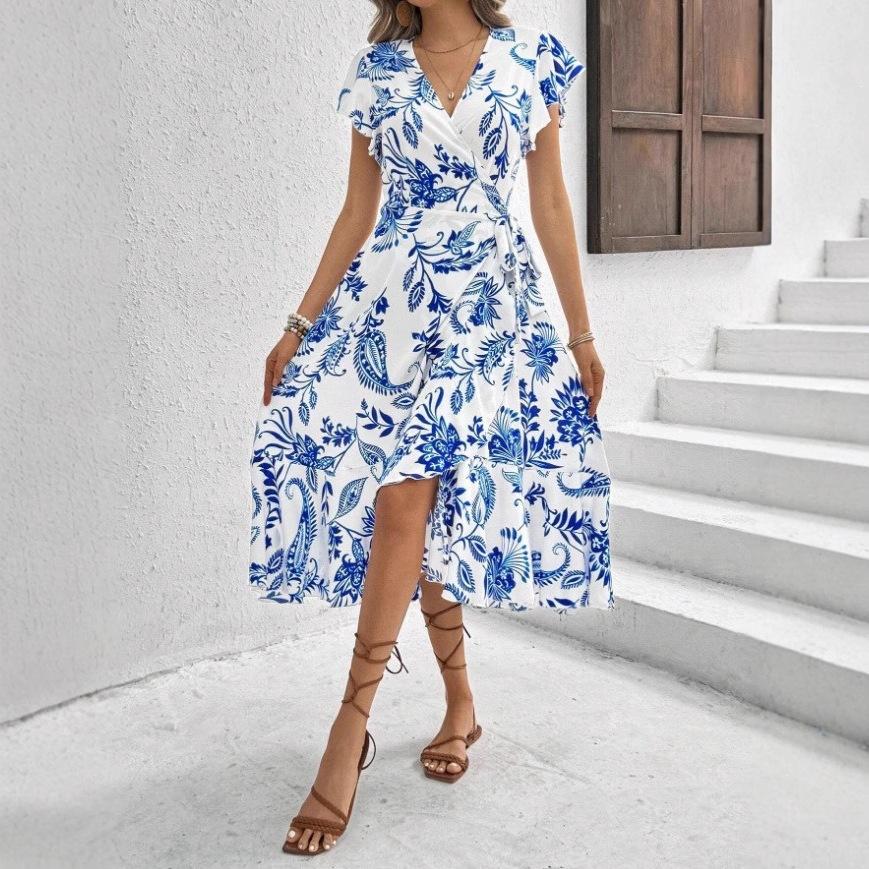 European and American women's clothing 2026 summer printed ruffle edge short-sleeved lace-up dress