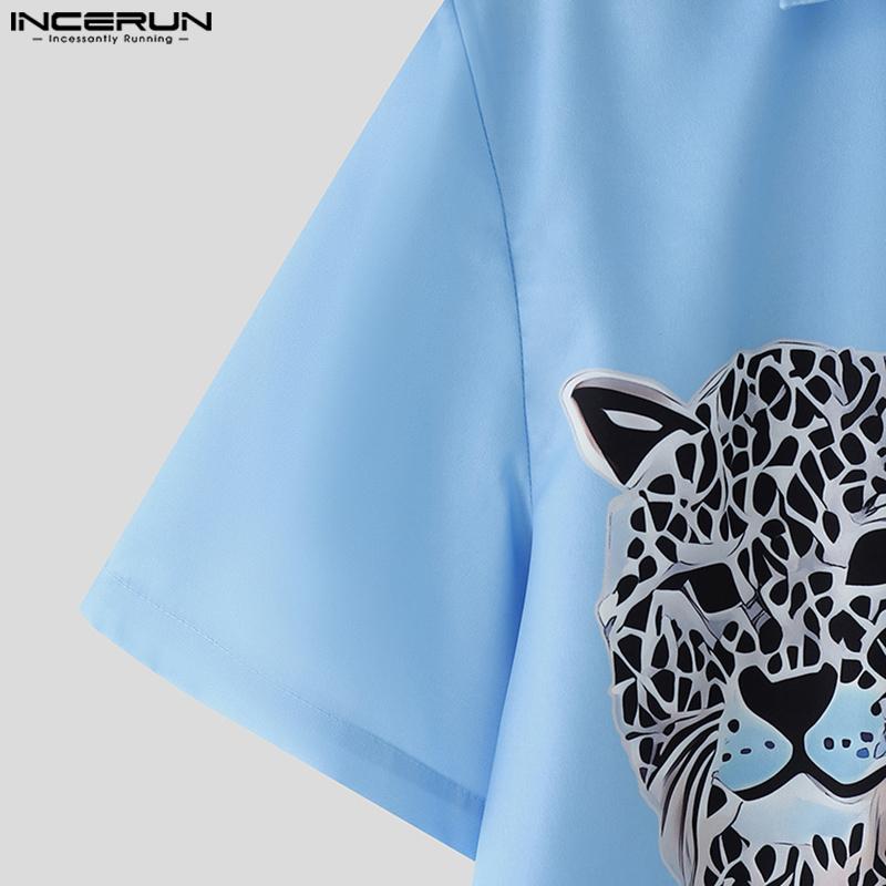 INCERUN Oversized Men Lapel Neck Button Down Print Casual Shirts