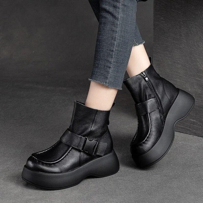 Johnature Versatile Retro Short Boots Thick Sole Genuine Leather Boots Comfortable Women's Shoes