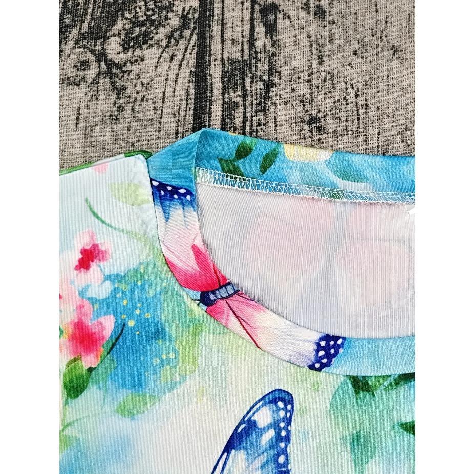 Plus-Size Women's Breathable Stretchy Short Sleeve Crew Neck T-Shirt - Vibrant 3D Floral & Butterfly Print, Summer Casual Daily Ladies T Shirts