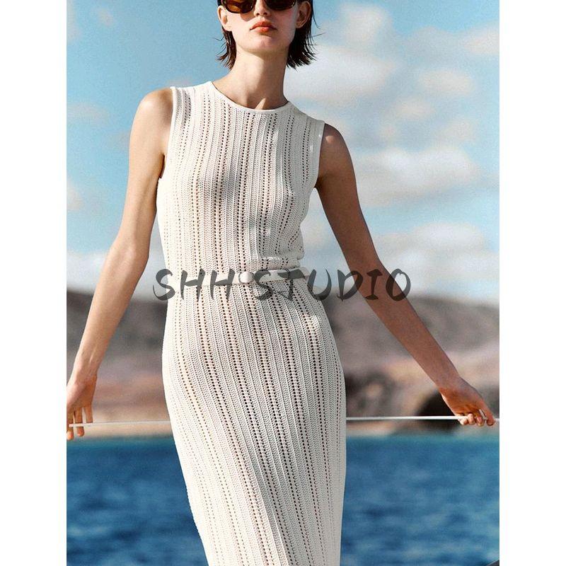 Summer Women Clothes Holiday Style Sleeveless Round Neck Belt Jacquard Mesh Knitted Midi Dress 0244003