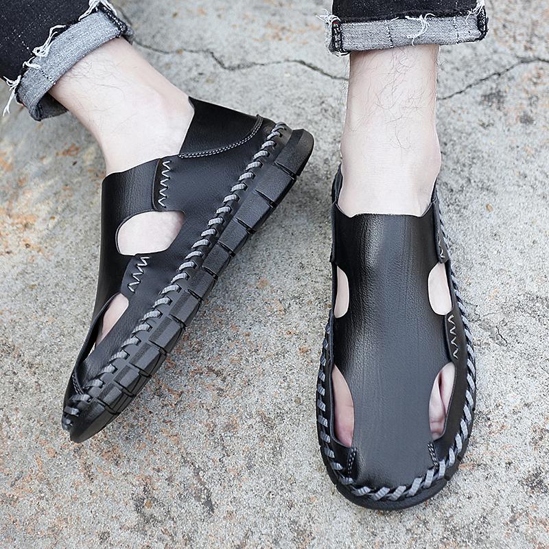 Summer Men Breathable Leather Sandal  Hiking Closed Toe Sandal Hiking Tours Shoes Outdoor Lightweight Anti Slip Camping Slippers