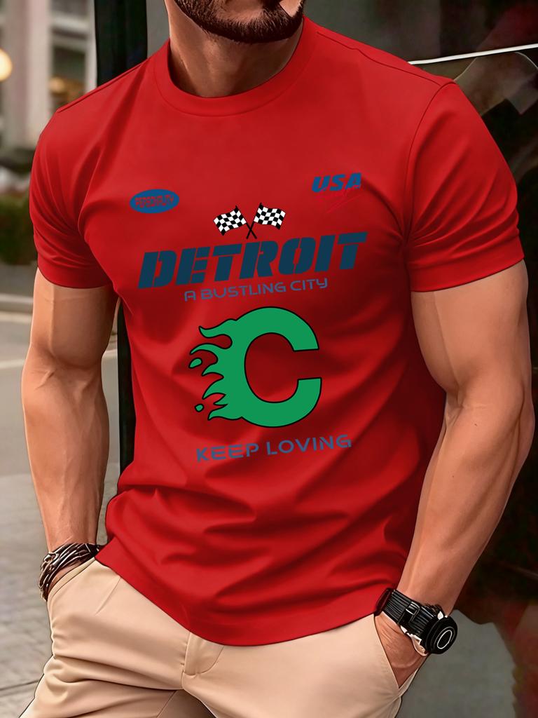 Detroit Usa Sport Pattern Design TShirts Men Cotton Casual Trendy T Shirt Retro Soft Clothing Summer Crewneck Streetwear