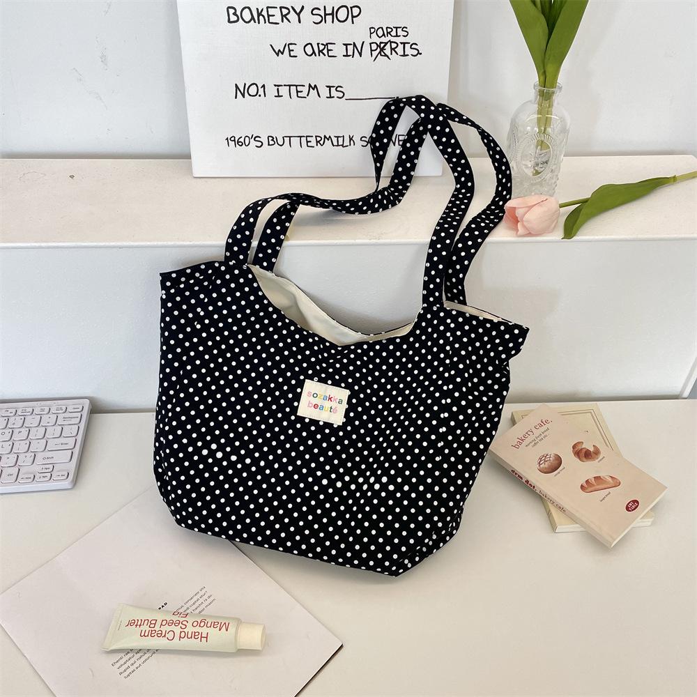 55 Printed polka dot shoulder canvas bag Large capacity tote bag Commuter finishing storage bag Women's shoulder schoolbag
