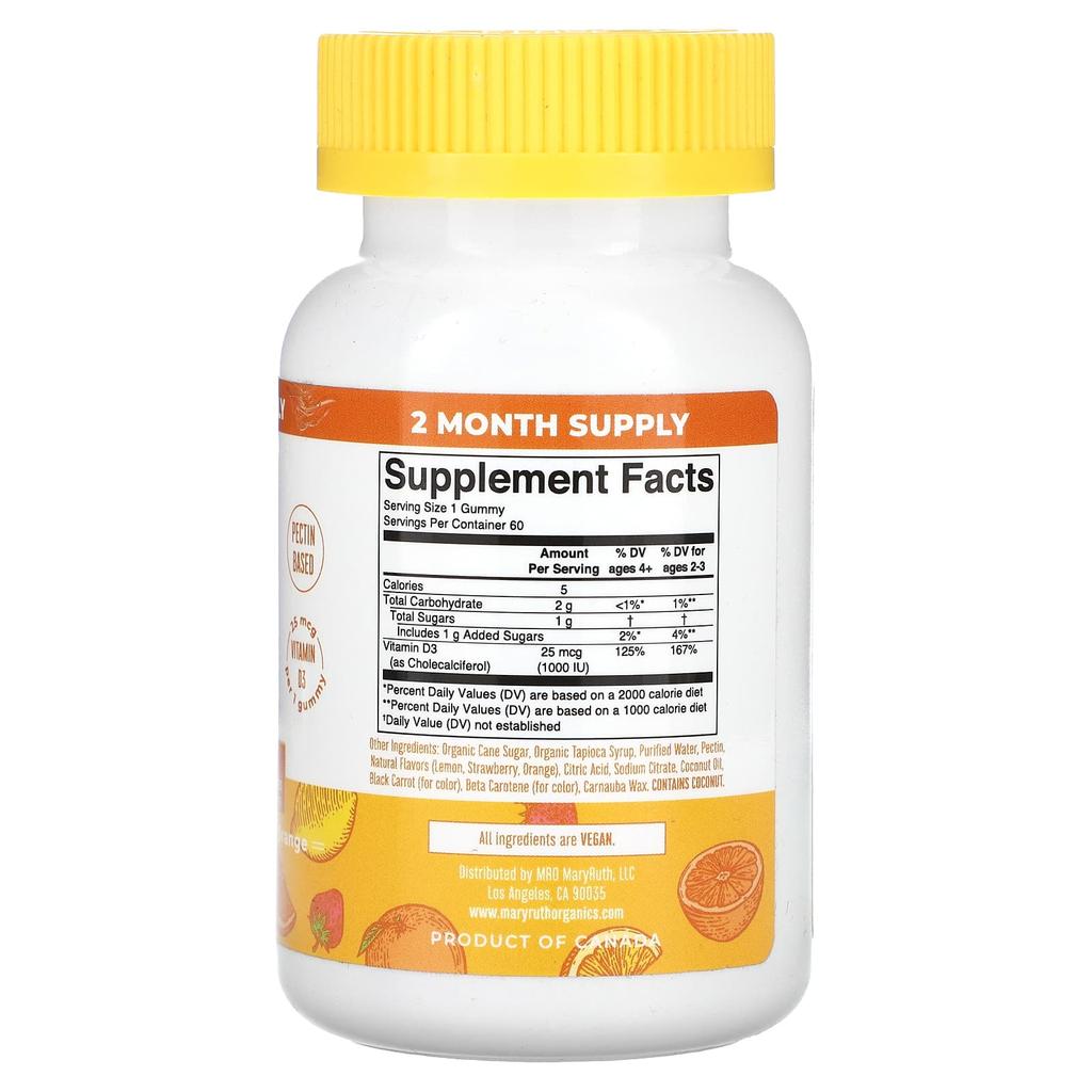 MaryRuth's, Vitamin D3 Gummies, Lemon, Strawberry and Orange, 25 Mcg, 60 Gummies