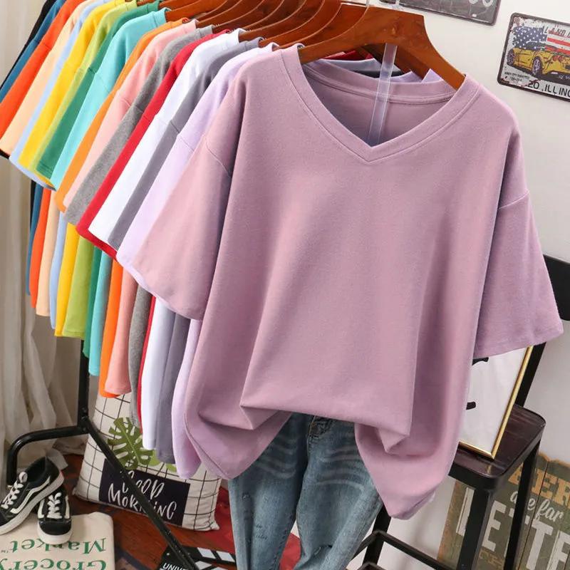 Womens Solid Color V Neck Loose Short Sleeve T Shirt M фиолетовый