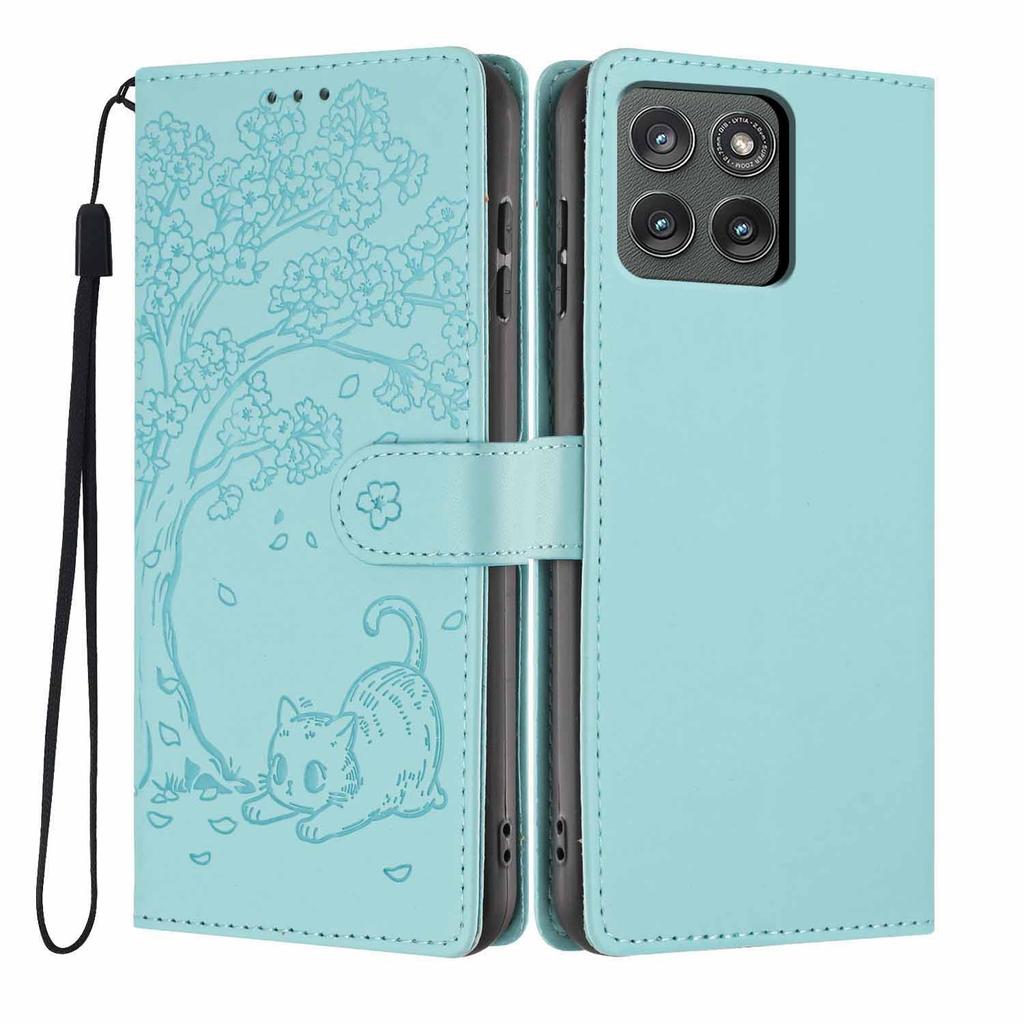 For Motorola Edge (2025) 5G Stand Case Tree-and-Cat Pattern PU Leather Wallet Protective Phone Cover with Wrist Strap