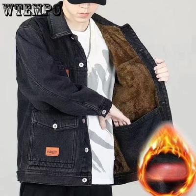 Jachetă de Blugi pentru Bărbați Iarnă Fleece Îngroșată Largă Mărime Mare Blugi Jachetă Căptușită cu Bumbac Caldă și Rezistentă la Vânt Multi-buzunar Top