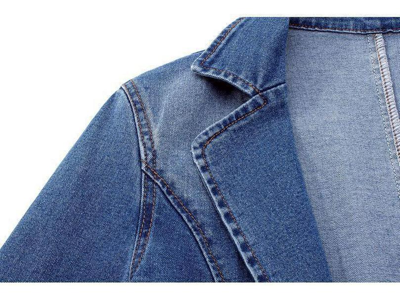 Dameslimfit denimjakke, dresskrage, ensfarget, cardigan med én knapp - trendy vår og høst