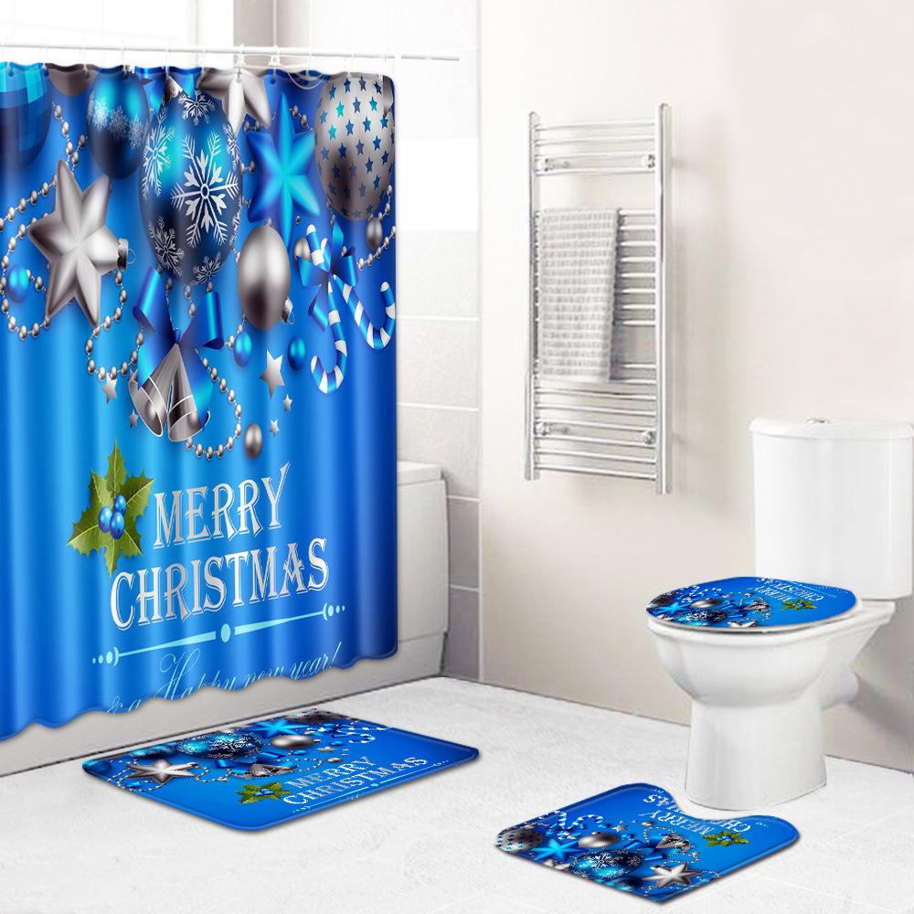 Christmas Printed Shower Curtain Floor Mat Four-Piece Bathroom Toilet Non-Slip Absorbent Carpet Toilet Non-Slip Door Mat