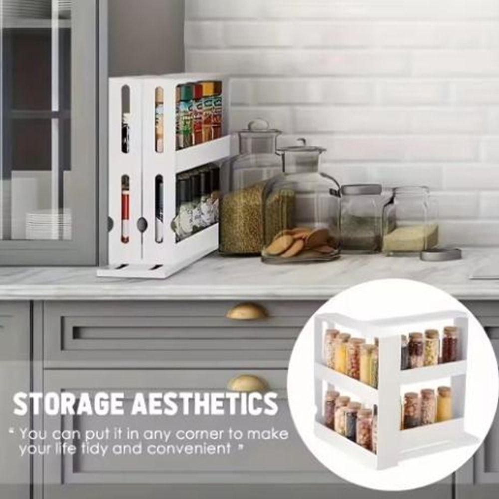 Plastic 2 Layer Spice Storage Rack 90-Degree Rotation Rotating Storage Shelf  Kitchen