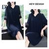 Solid Color Dress Summer Women Plus Size V Neck Loose Half Sleeves Commute Midi Hollow Out Lace Single-breasted Knee Length A-line Long