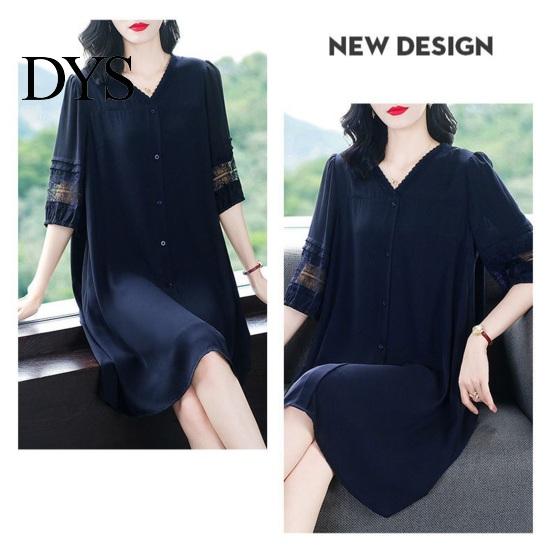 Solid Color Dress Summer Women Plus Size V Neck Loose Half Sleeves Commute Midi Hollow Out Lace Single-breasted Knee Length A-line Long