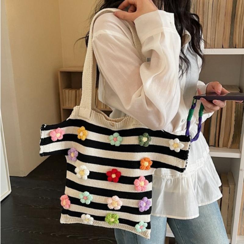 Summer Fashi Large Capacity Youth Beach Handbag  Boho Crochet Shoulder Bags Handmade Floral Striped Knit Tote Bags