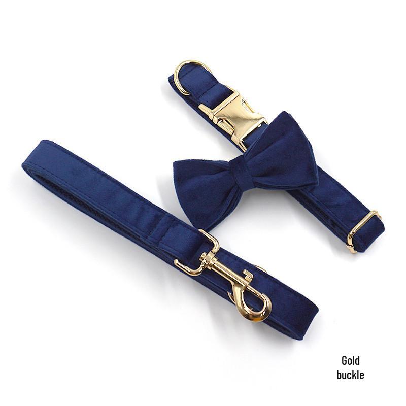 Navy Blue Velvet Bowknot Dog Collar for French Bulldogs with Engraved Leash Attachment Extra Small