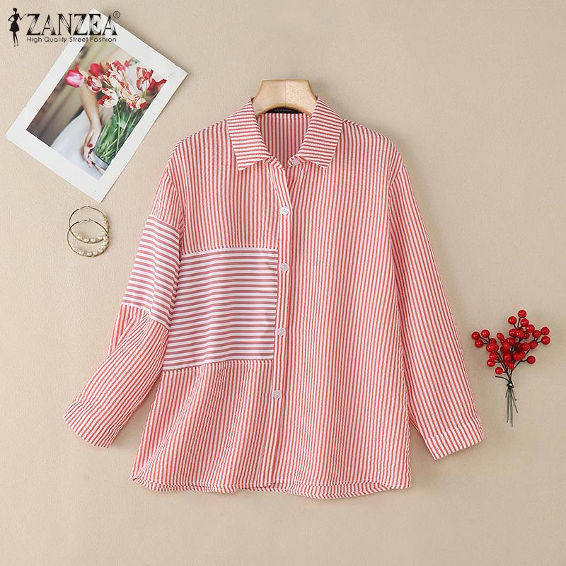 ZANZEA Women Stripe Print Casual Turn Down Collar 3/4 Sleeve Blouse