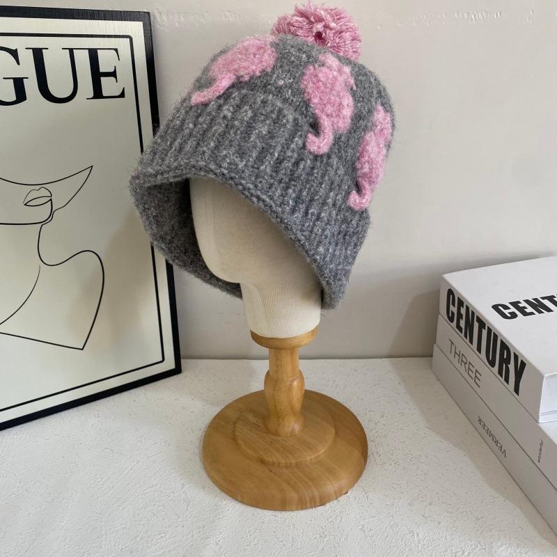 JYL TS DIY Cat Beanie Unisex Autumn Winter Color Block Pom-pom Warm Hat Acrylic