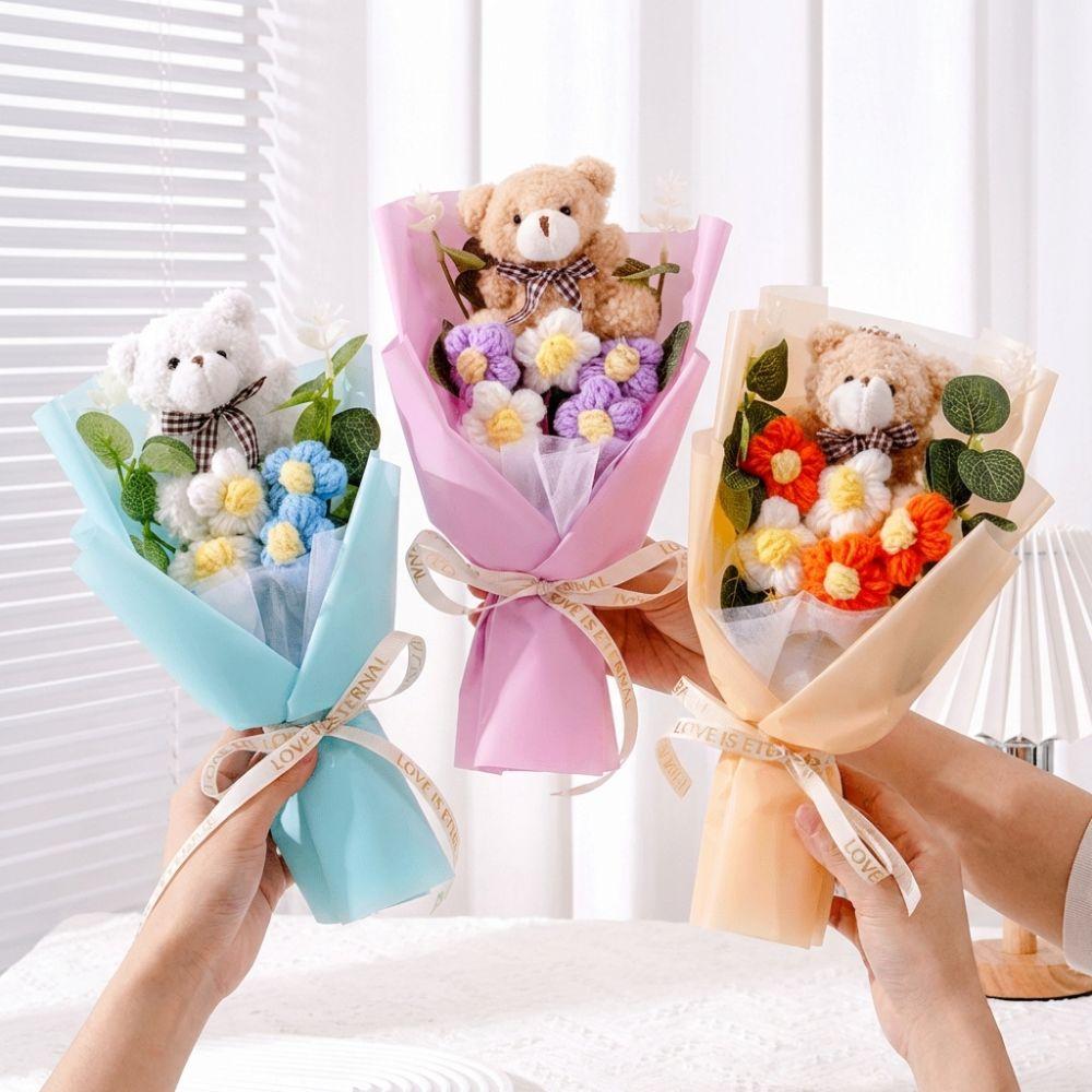 Cute with Bear Crochet Flower Bouquet Gifts Colorful Graduation Bouquet Hand-knitted Knitted Flowers Bouquets Valentine's Day