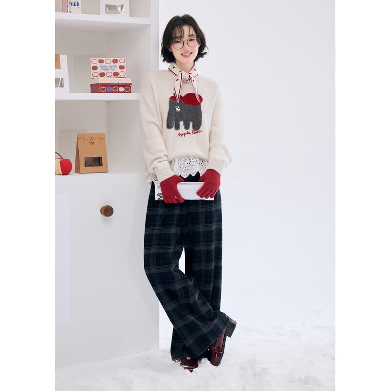 ZIHAN Women's Wool Blend Navy Plaid Wide-Leg Trousers