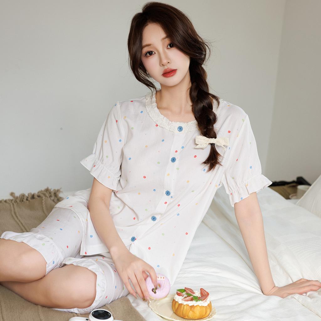 Sweet princess style women's summer cotton and silk pajamas short-sleeved cardigan loungewear lyocell suit can be worn outside large size