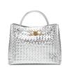 Woven PU Tote Bag With Metal Rope Buckle Large Capacity Shoulder Handbag Women Vintage Style Daily Use