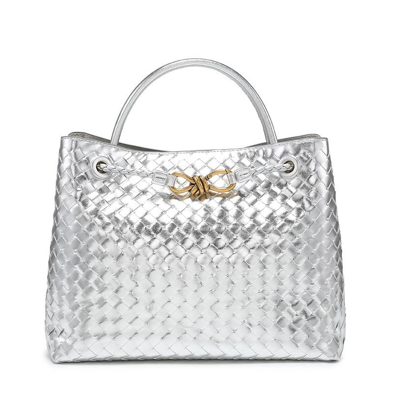 Woven PU Tote Bag With Metal Rope Buckle Large Capacity Shoulder Handbag Women Vintage Style Daily Use