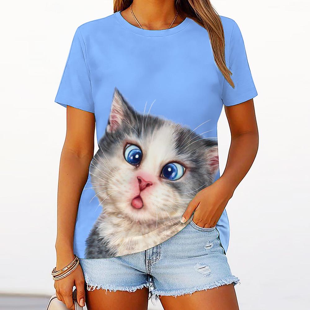 Women's T-Shirt Funny Cat Graphic Short-Sleeved Fashion Casual Oversized Round Neck Women's Summer Clothing