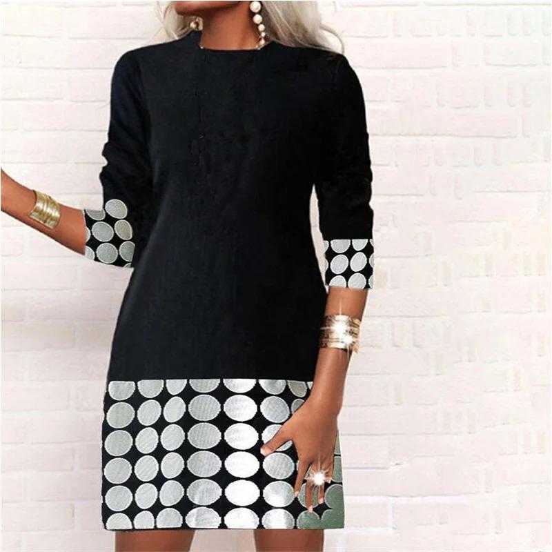 Autumn Women's Fashion Round Neck Slim Fit Long Sleeve Printed A-Line Dress Plus Size Elegant Dress Top