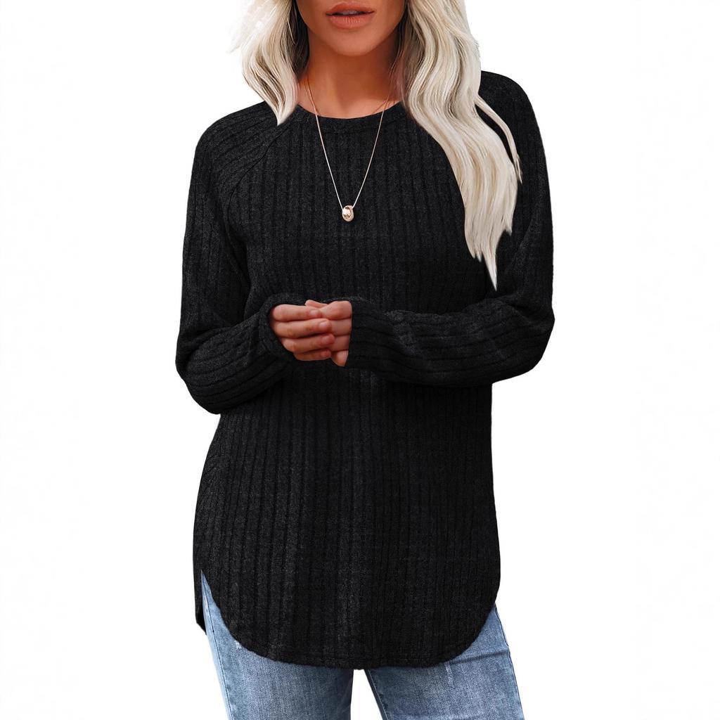 Women Ribbed Knit Long Sleeve Top Crew Neck Curved Hem Casual Fall Blouse