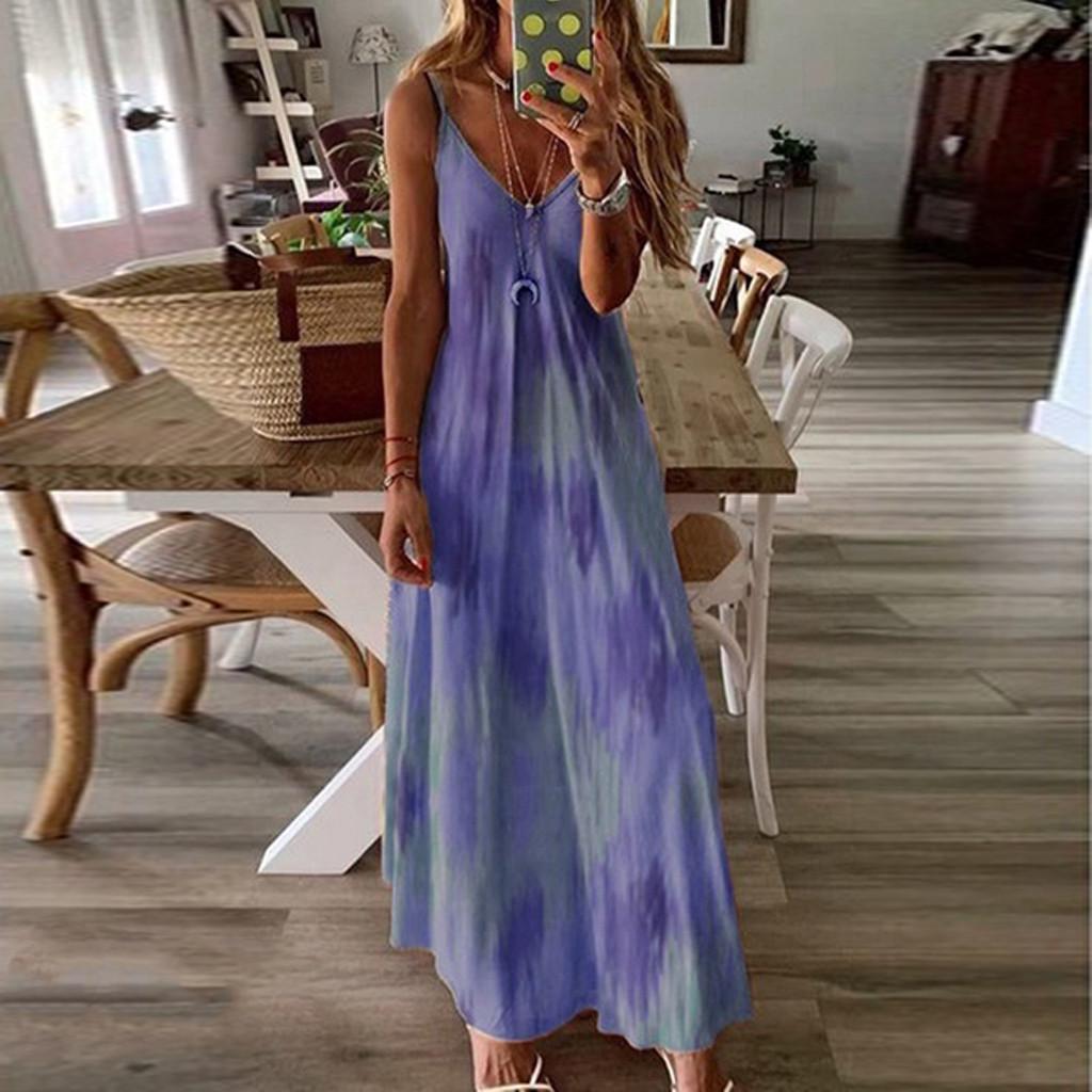 Fashion Women Sexy Plus Size Tie-dye Print Sleeveless V-Neck Camisole Long Dress
