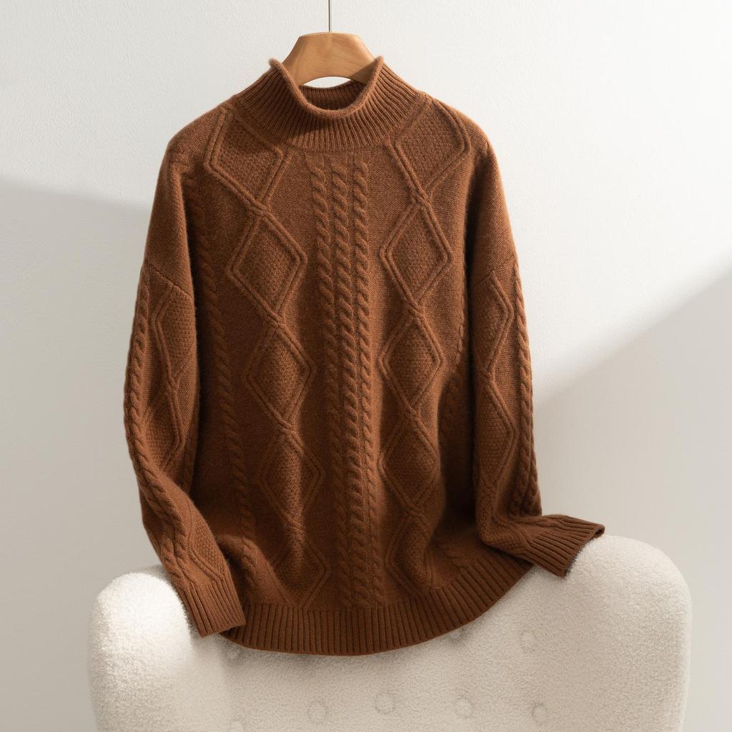 Autumn/Winter 2026 Women's Thickened Diamond Cashmere Sweater: Five-Needle, Three-Strand, Half-High Collar Versatile Base Layer.