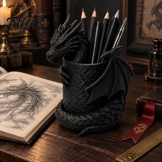 Unique Dragon Ornament 3D Printed Gothic Pen Holder, Coiled Figurine Stationery Cup, Creative Pencil Cup Fantasy Desk Organizer, Halloween Tabletop