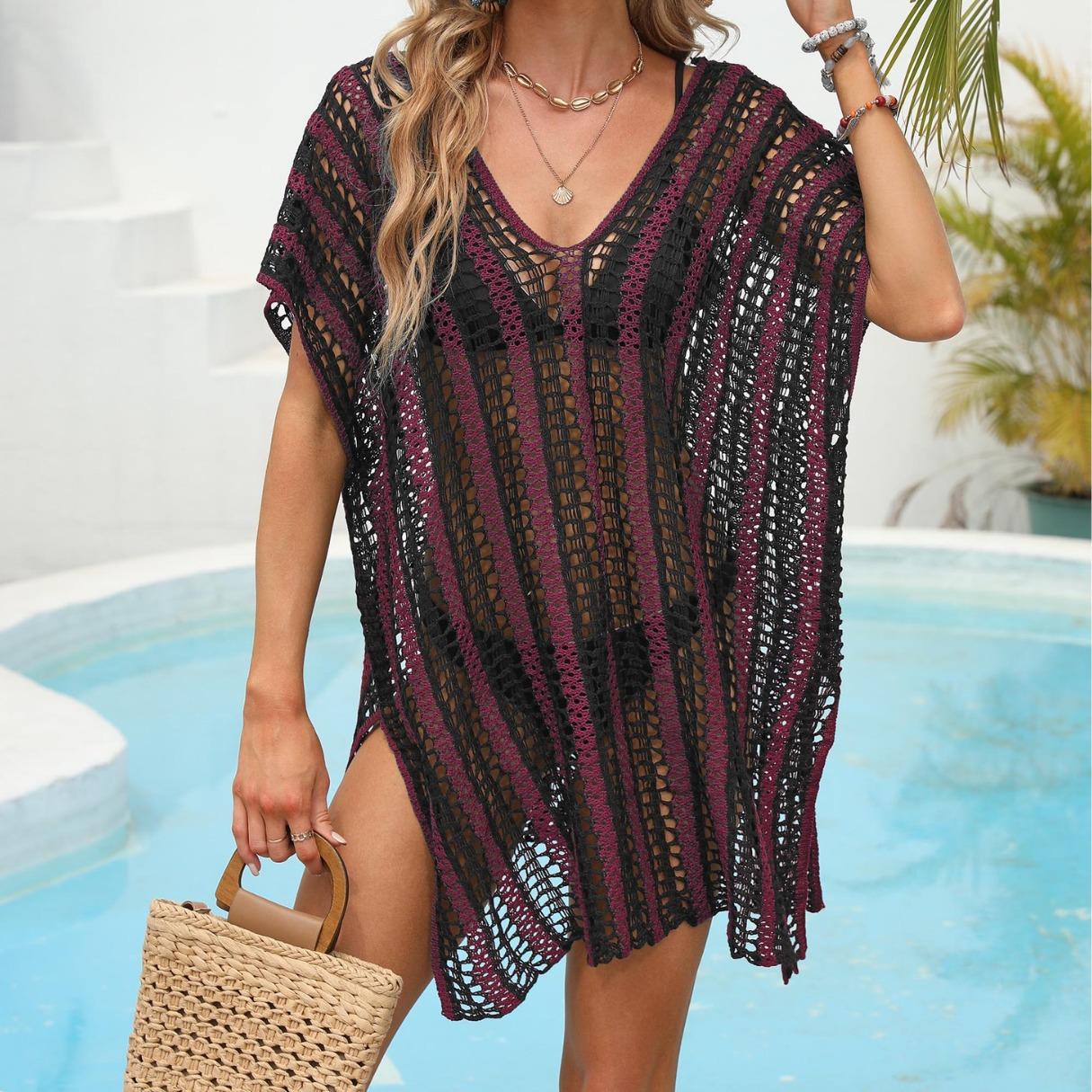 

Женская пляжная накидка с вырезом, вязаный свитер, пляжный отдых, бикини, накидка One Size фиолетовый