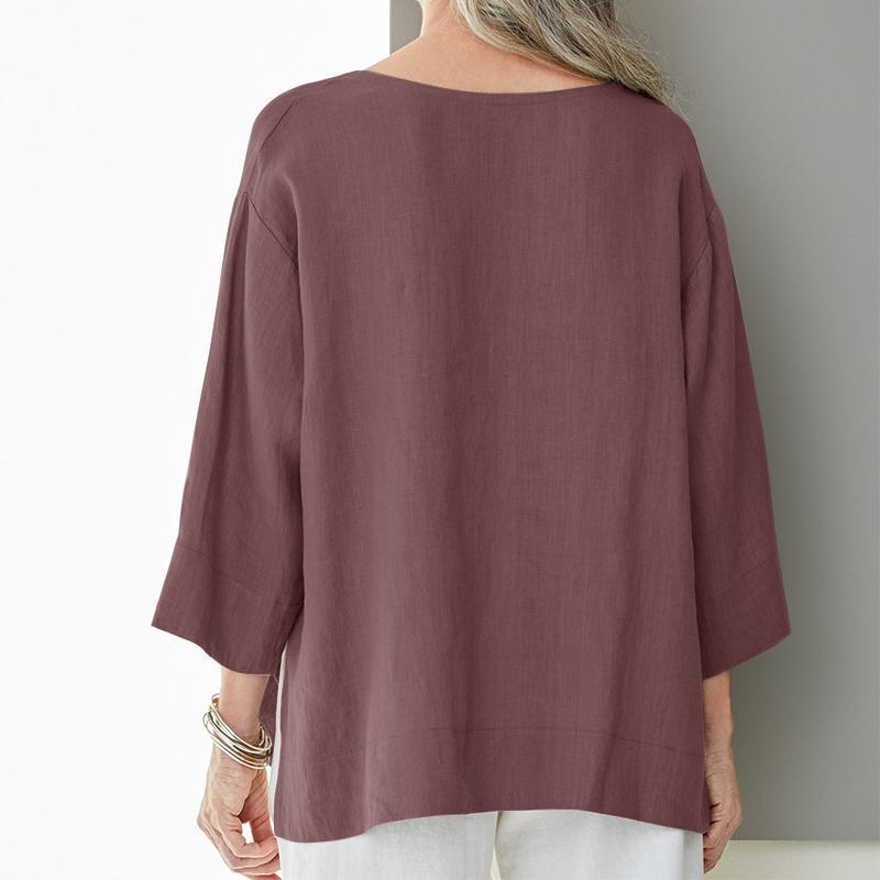 Solid Color Loose Cotton Linen Tops Women Casual V-neck 3/4 Sleeve Blouse