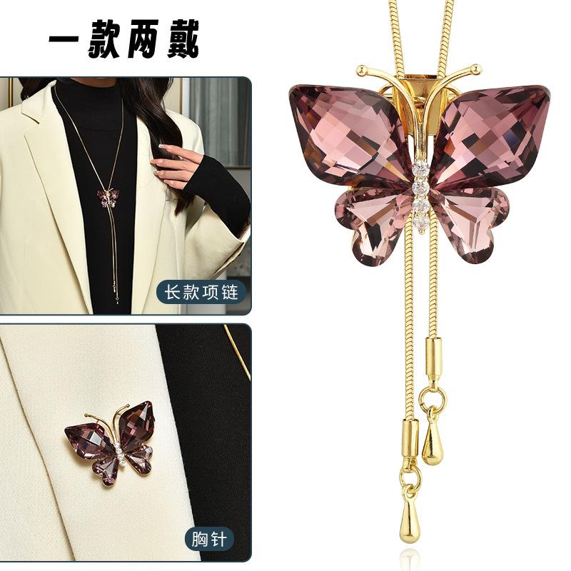 Suijue Pearl Sweater Chain Two Wear Crystal Flower Long Necklace Titanium Steel National Style Two Wear Function