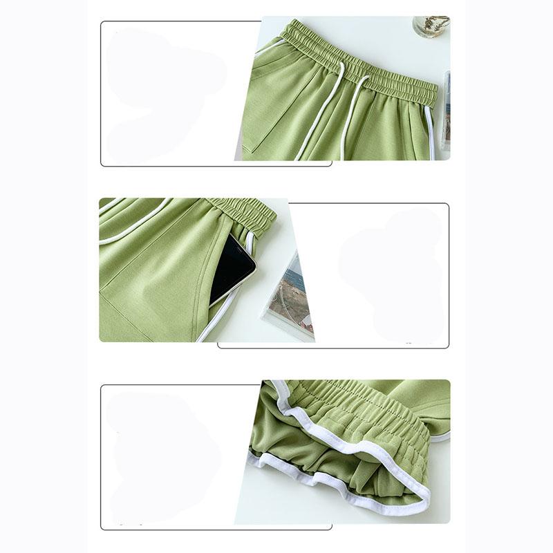 Women Summer Jogging Sports Solid Color Drawstring High-Waisted Wide-Leg Casual Shorts Pants
