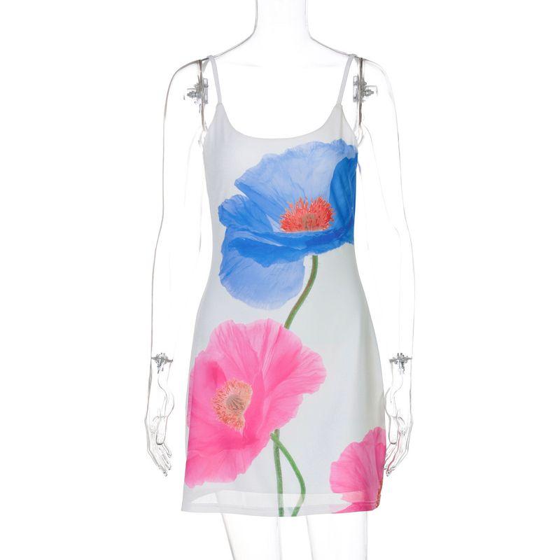 

U-neck Backless Mesh Printed Dressu Collar Large Backless Mesh Floral Print Dress White L