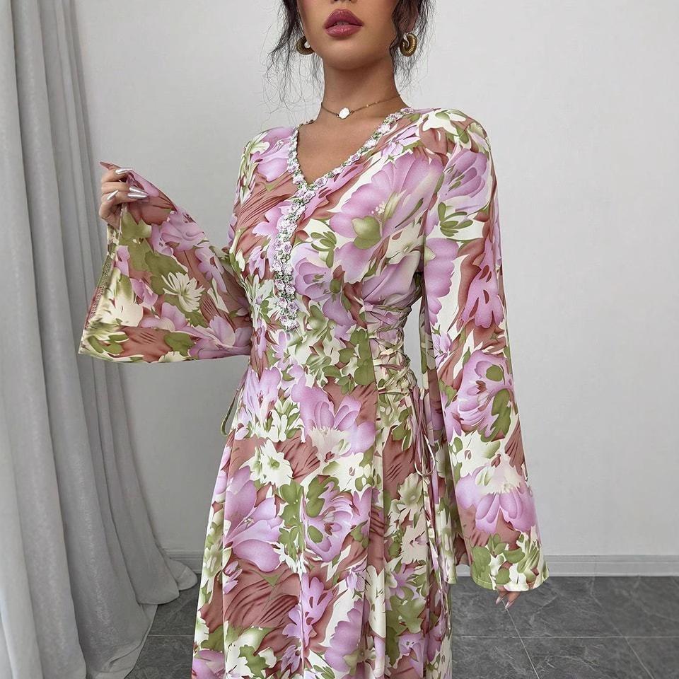 Middle East, Dubai Evening Dress New Fashion Temperament Slim Flared Sleeve V-Neck A-Dress Robe