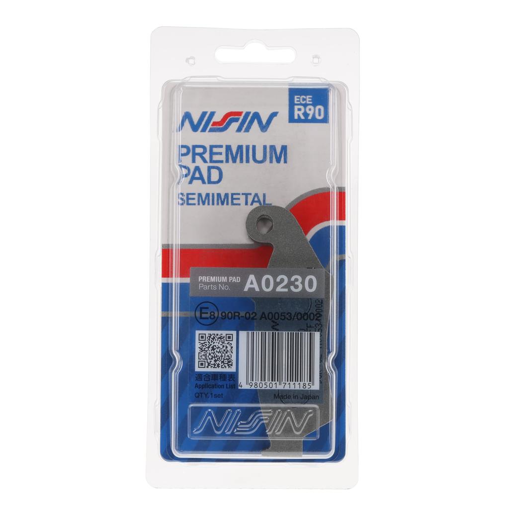 Nissin Brand Brake Pads BRAKE PAD Premium Pads Semi-Metal, Part Number: A0230, 1 Set, 2 Pieces of 2 Wheels, Motorcycles