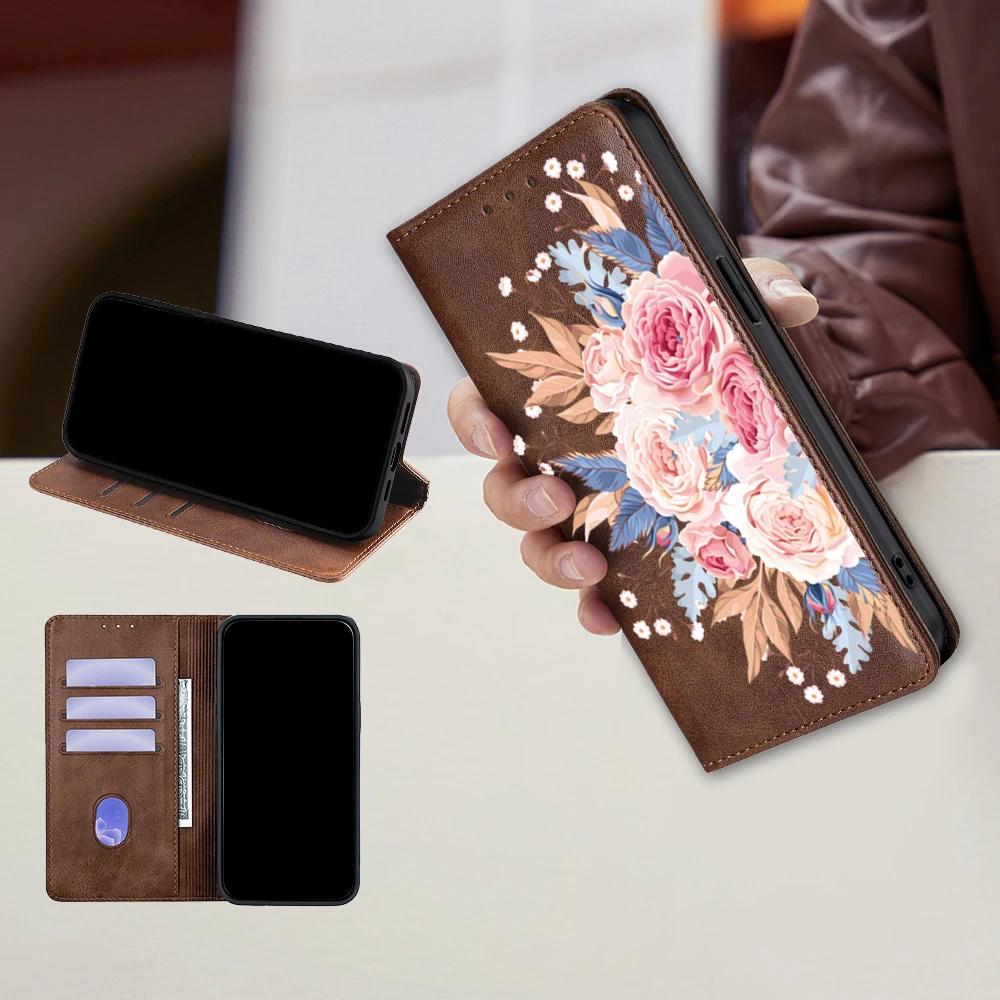 Flower Pattern Magnetic Leather Flip Wallet Case for iPhone 17 Pro Max 16 15 14 13 12 11 Pro Max 16 Plus Air Card Slots Holster