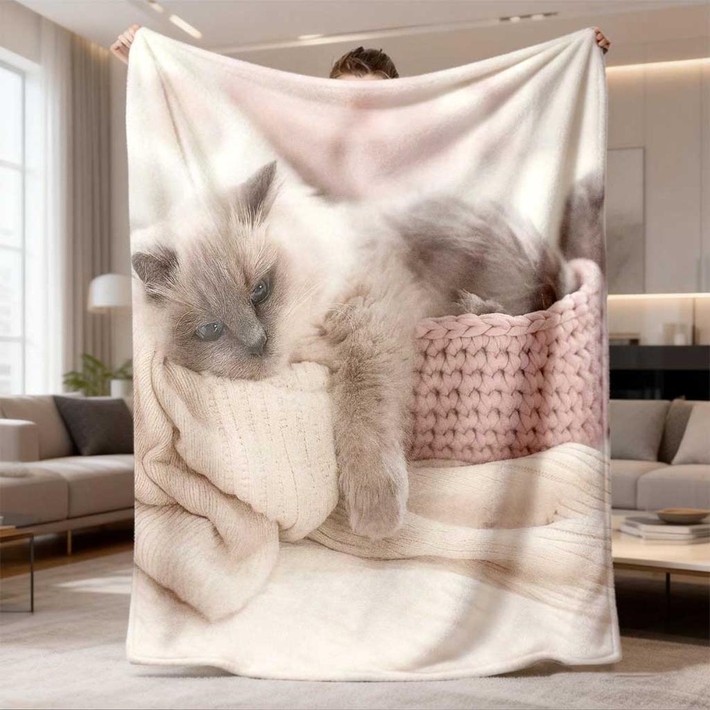 1pc Ultra Soft Flannel for cat Blanket | Cozy Design with Adorable Kitten in Basket, Perfect for Sofa or Bed, Ideal Gift for Cat Lovers, Machine Washa