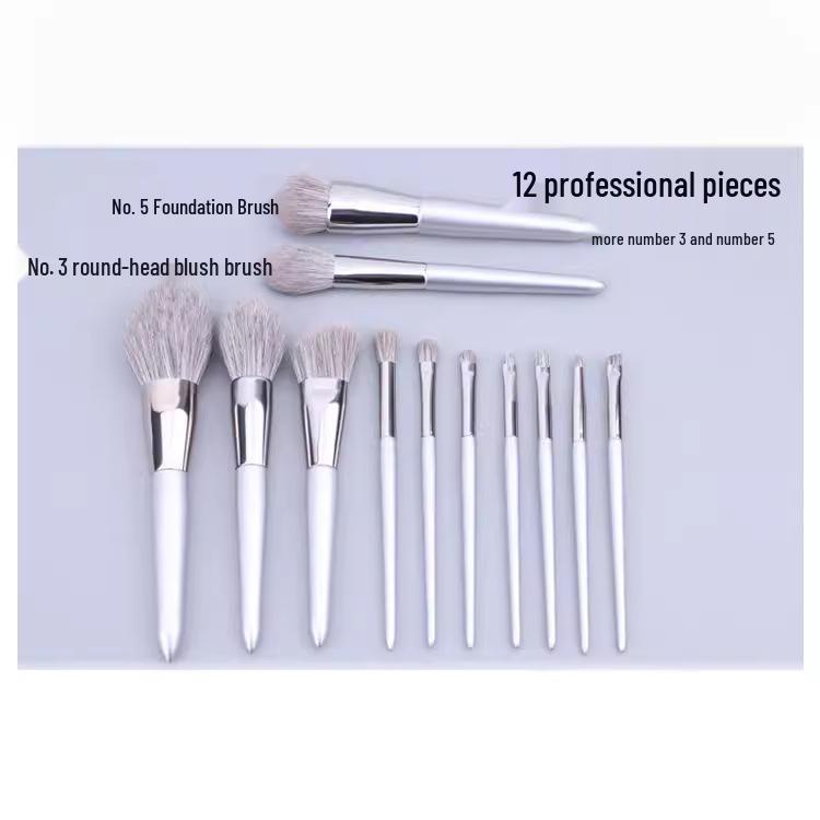 Moonlight Silver 12-Piece Makeup Brush Set: Super Soft Imitation Snow Fox Hair for Powder, Contour, and Eyeshadow.